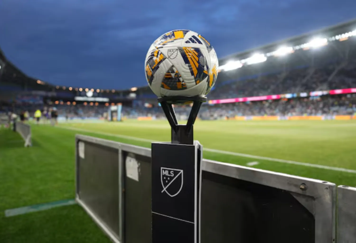 Sep 18, 2024; Saint Paul, Minnesota, USA; A Major League Soccer ball sits on a stand prior to a match between FC Cincinnati and Minnesota United at Allianz Field. Mandatory Credit: Matt Blewett-Imagn Images 