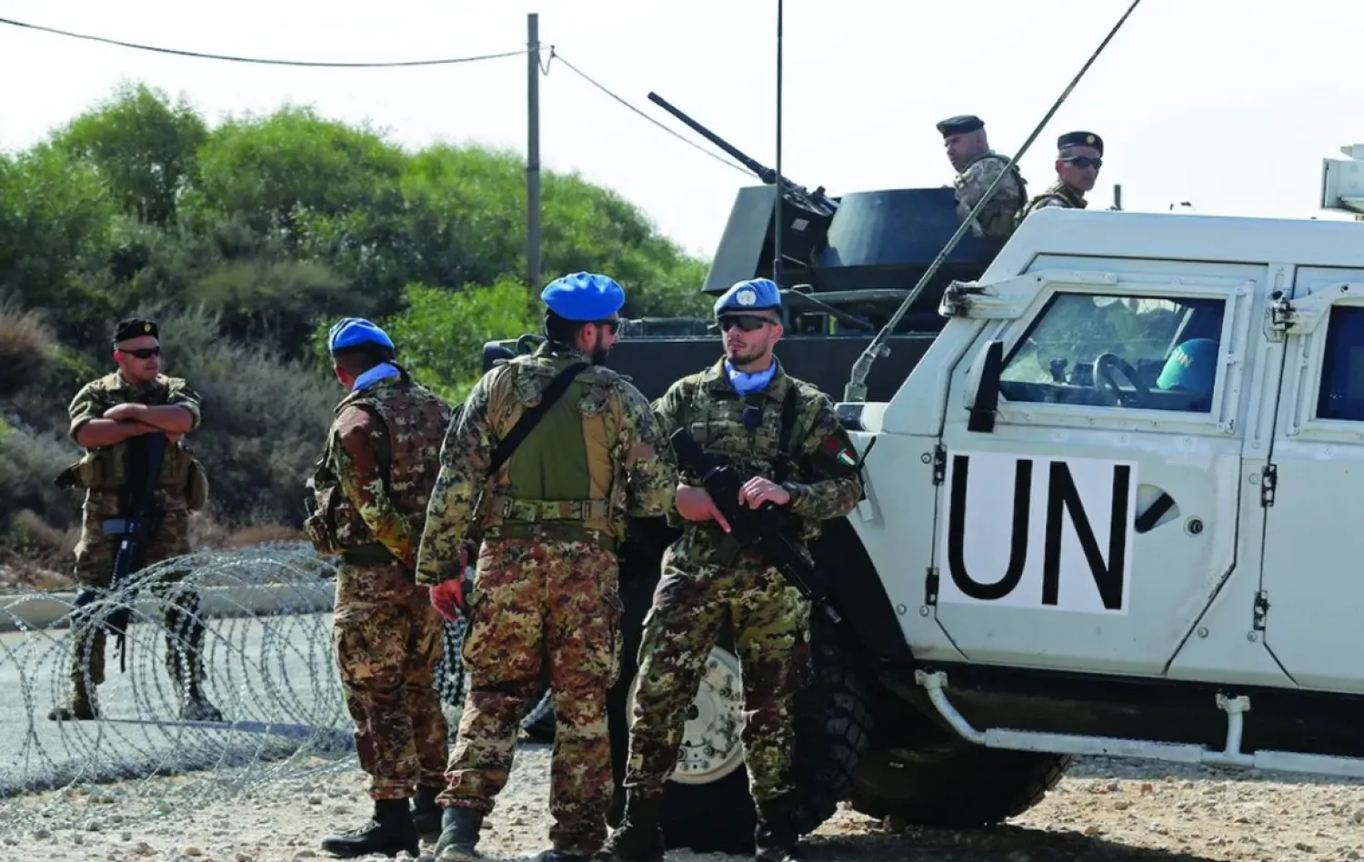 A joint force from UNIFIL and the Lebanese army in Naqoura near the Israeli border (File- AFP)
