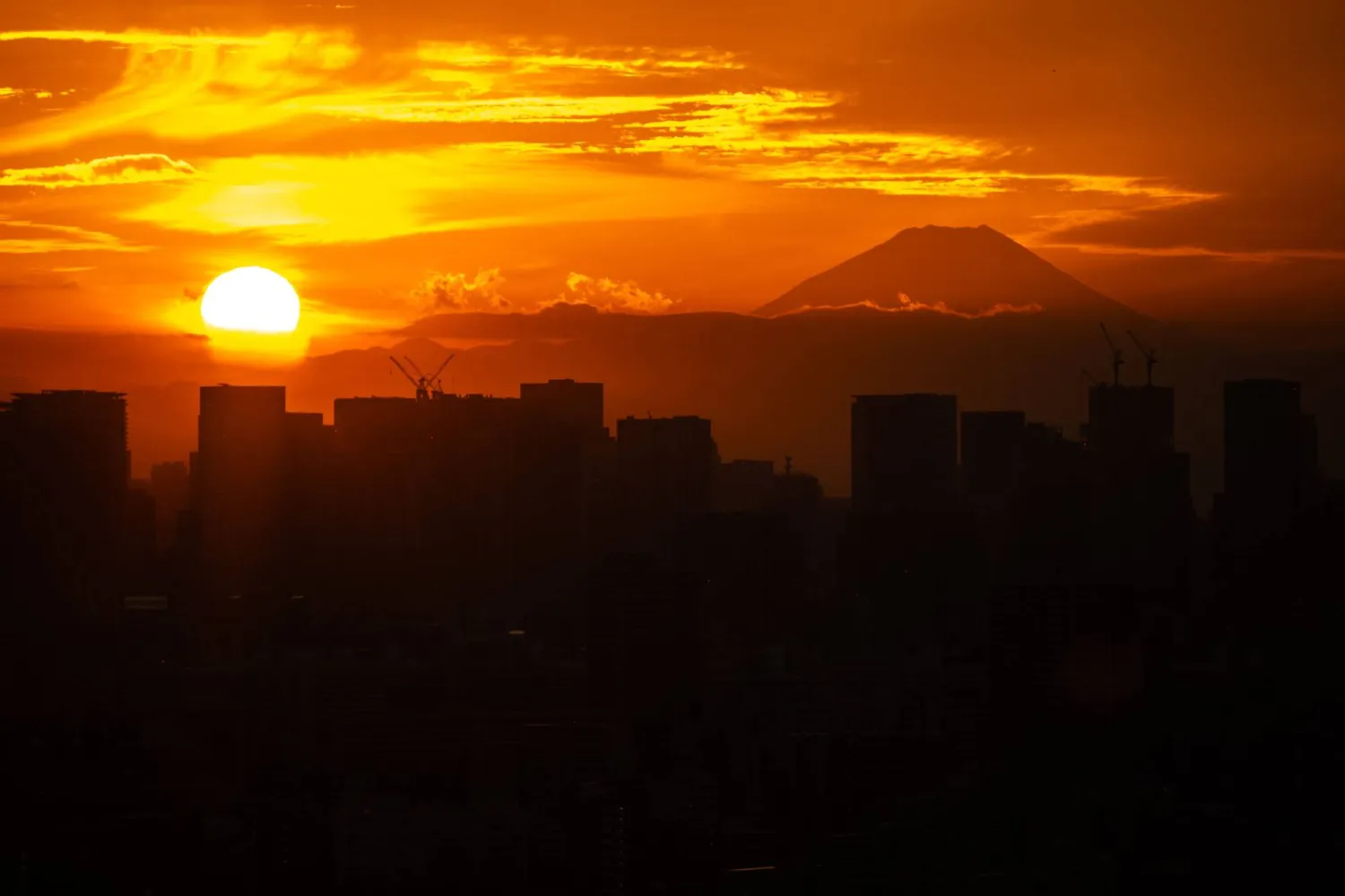 Mount Fuji and city's skyline are pictured from Tower Hall Funabori Observation Deck in Edogawa district of Tokyo on November 12, 2025. (Photo by Philip FONG / AFP)