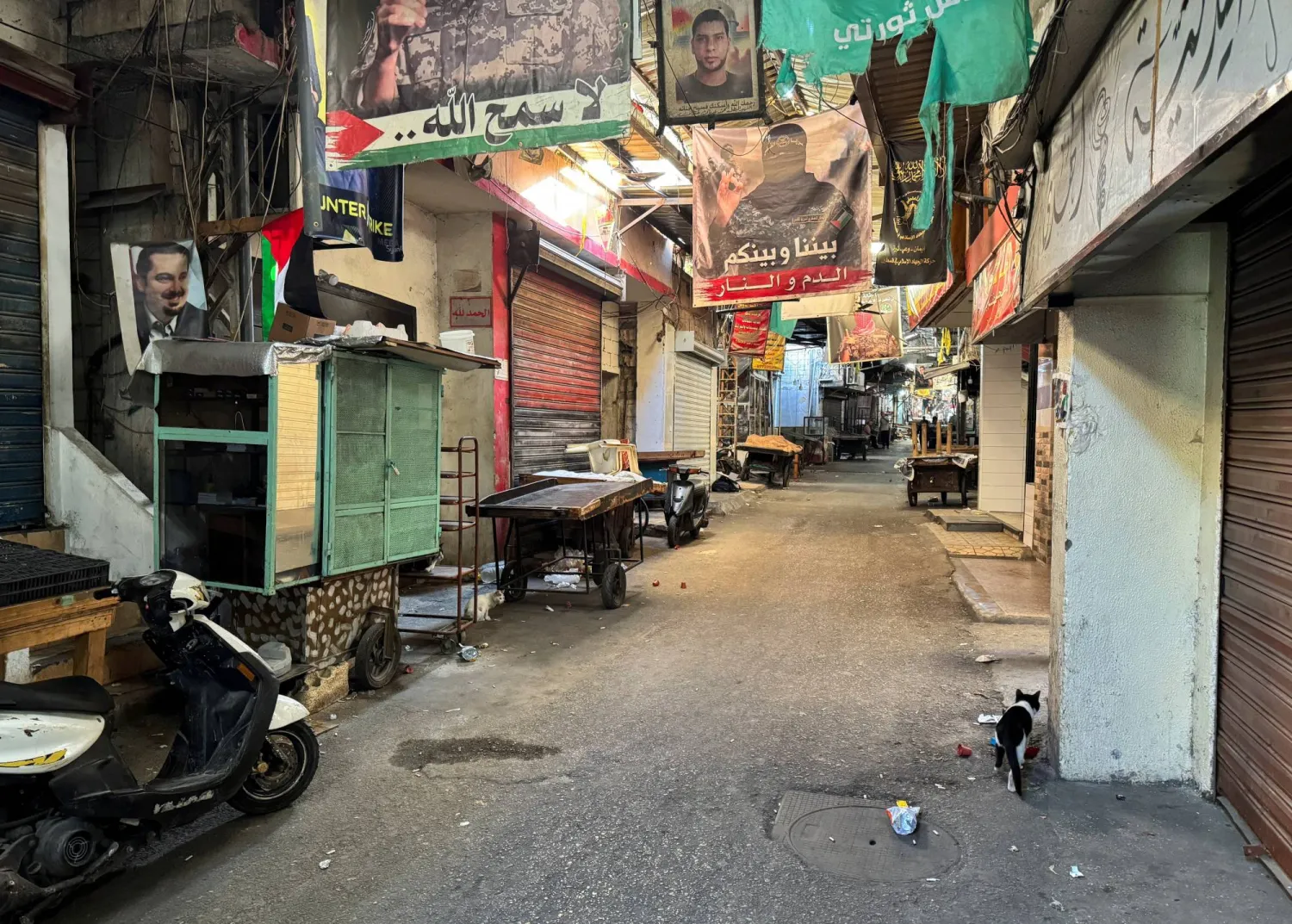 متاجر مغلقة بمخيم «عين الحلوة» للاجئين الفلسطينيين بصيدا الجنوبية في لبنان (رويترز)