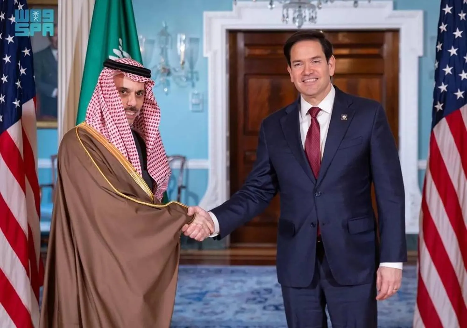 Saudi Foreign Minister Prince Faisal bin Farhan bin Abdullah and US Secretary of State Marco Rubio meet in Washington in April. (SPA)