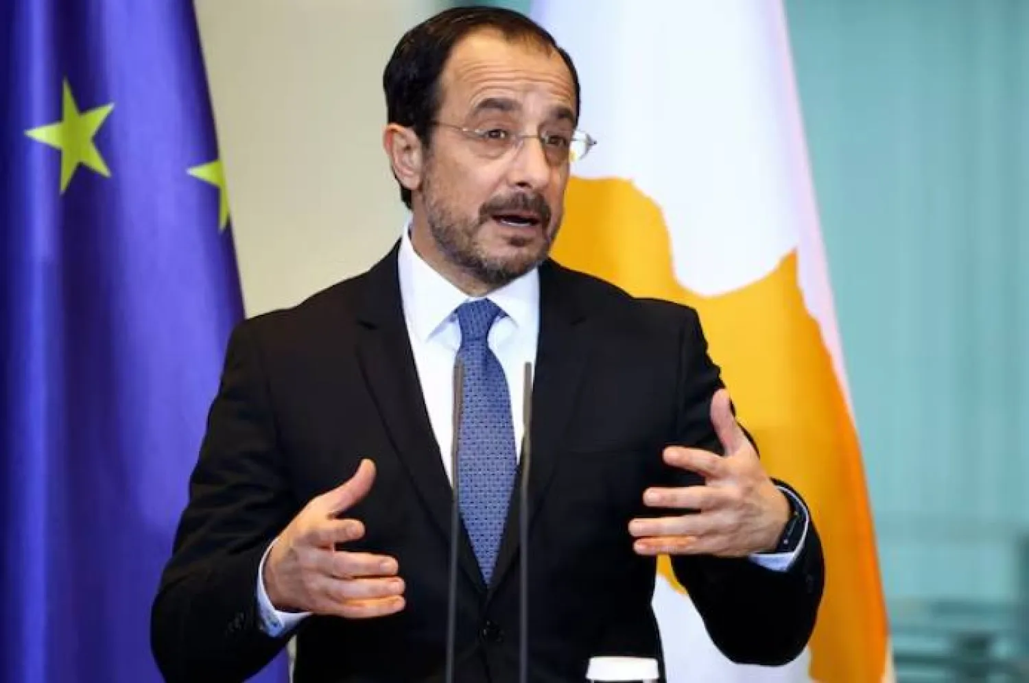 Cyprus' President Nikos Christodoulides speaks during a press conference with German Chancellor Friedrich Merz (not pictured), at the Chancellery Berlin, Germany, November 14, 2025. REUTERS/Lisi Niesner Purchase Licensing Rights