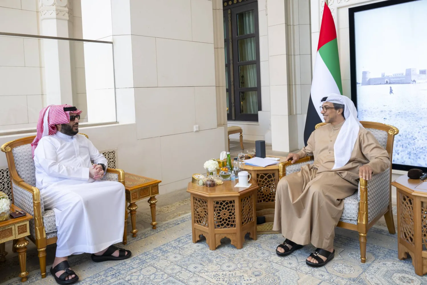 جانب من لقاء المستشار تركي آل الشيخ والشيخ منصور بن زايد في أبوظبي (هيئة الترفيه السعودية)