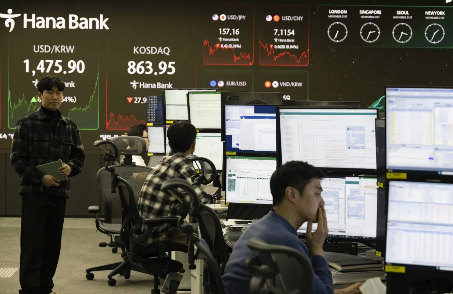 يعمل متداولون أمام شاشات مراقبة ببنك هانا في سيول (إ.ب.أ)
