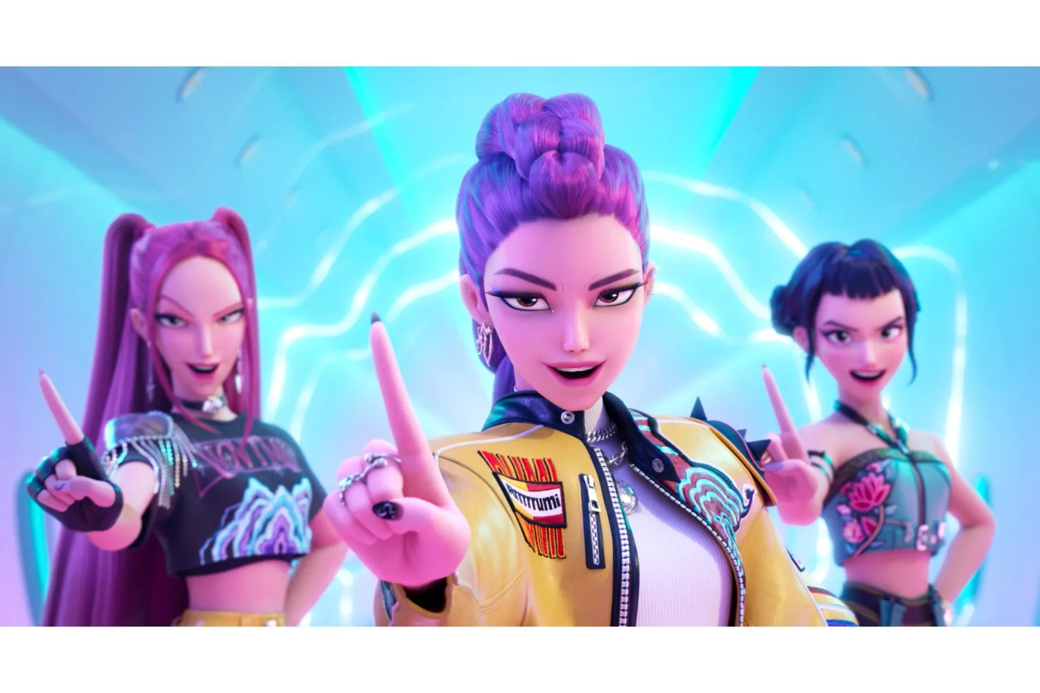 This image released by Netflix shows characters, from left, Mira, Rumi, Zoey in a scene from "KPop Demon Hunters." (Netflix via AP)