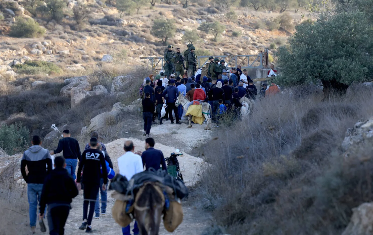 جنود إسرائيليون يراقبون مزارعين فلسطينيين في طريقهم لعبور بوابة للدخول إلى حقول الزيتون قرب مستوطنة آلون مور قرب قرية سالم بالضفة الغربية المحتلة (إ.ب.أ)