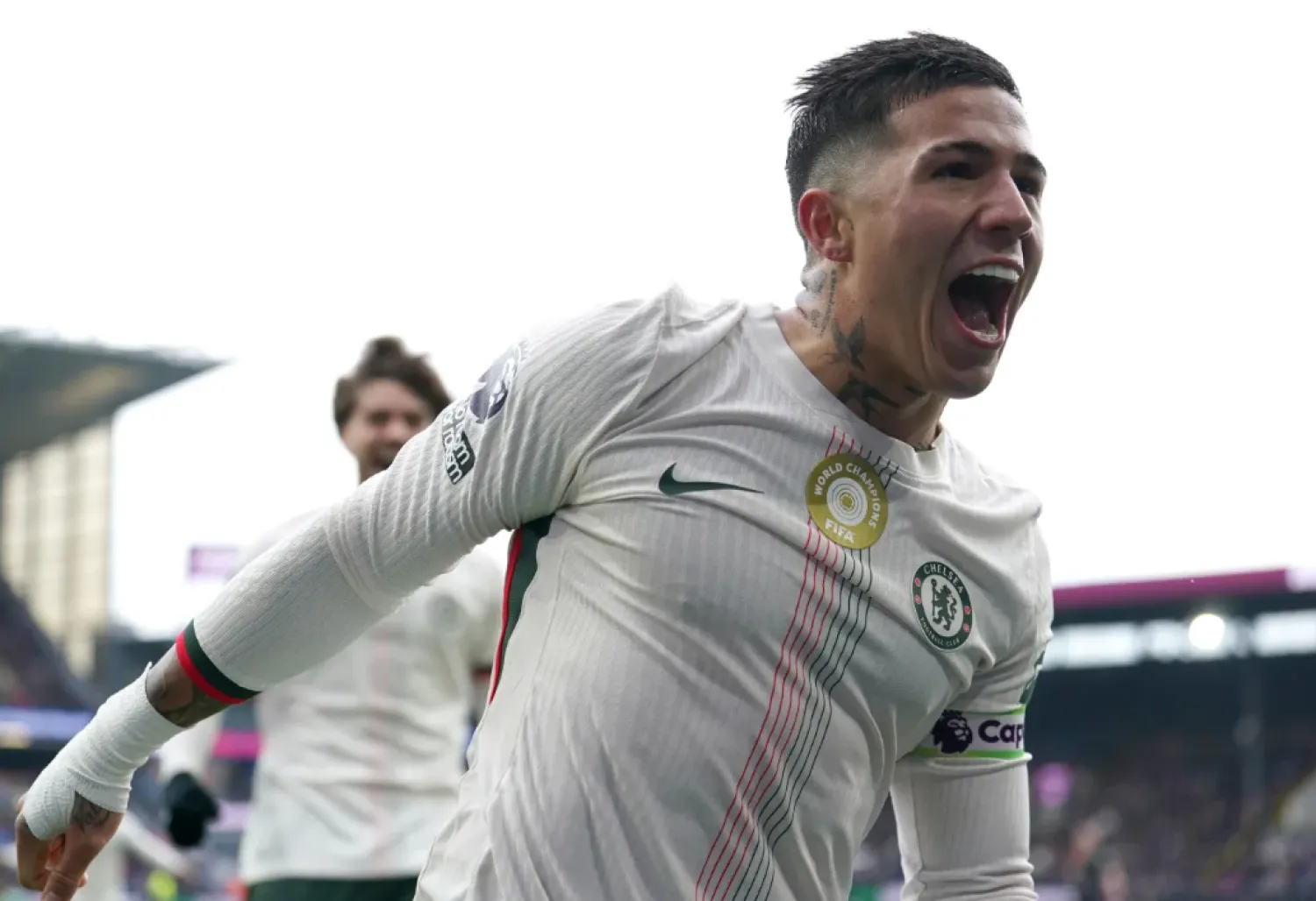 Chelsea's Enzo Fernandez celebrates scoring their side's second goal during the English Premier League soccer match between Burnley v Chelsea, in Burnley, England, Saturday Nov. 22, 2025. (Martin Rickett/PA via AP)