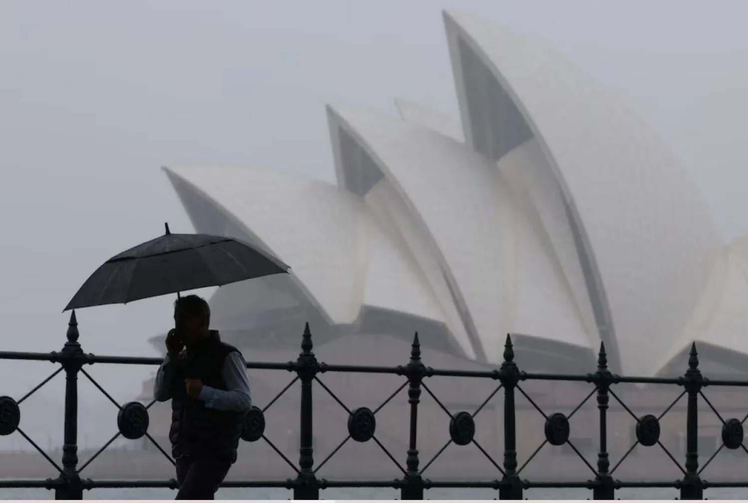 رجل يحمل مظلة يمر أمام دار الأوبرا في سيدني بأستراليا... 21 نوفمبر 2024 (رويترز)