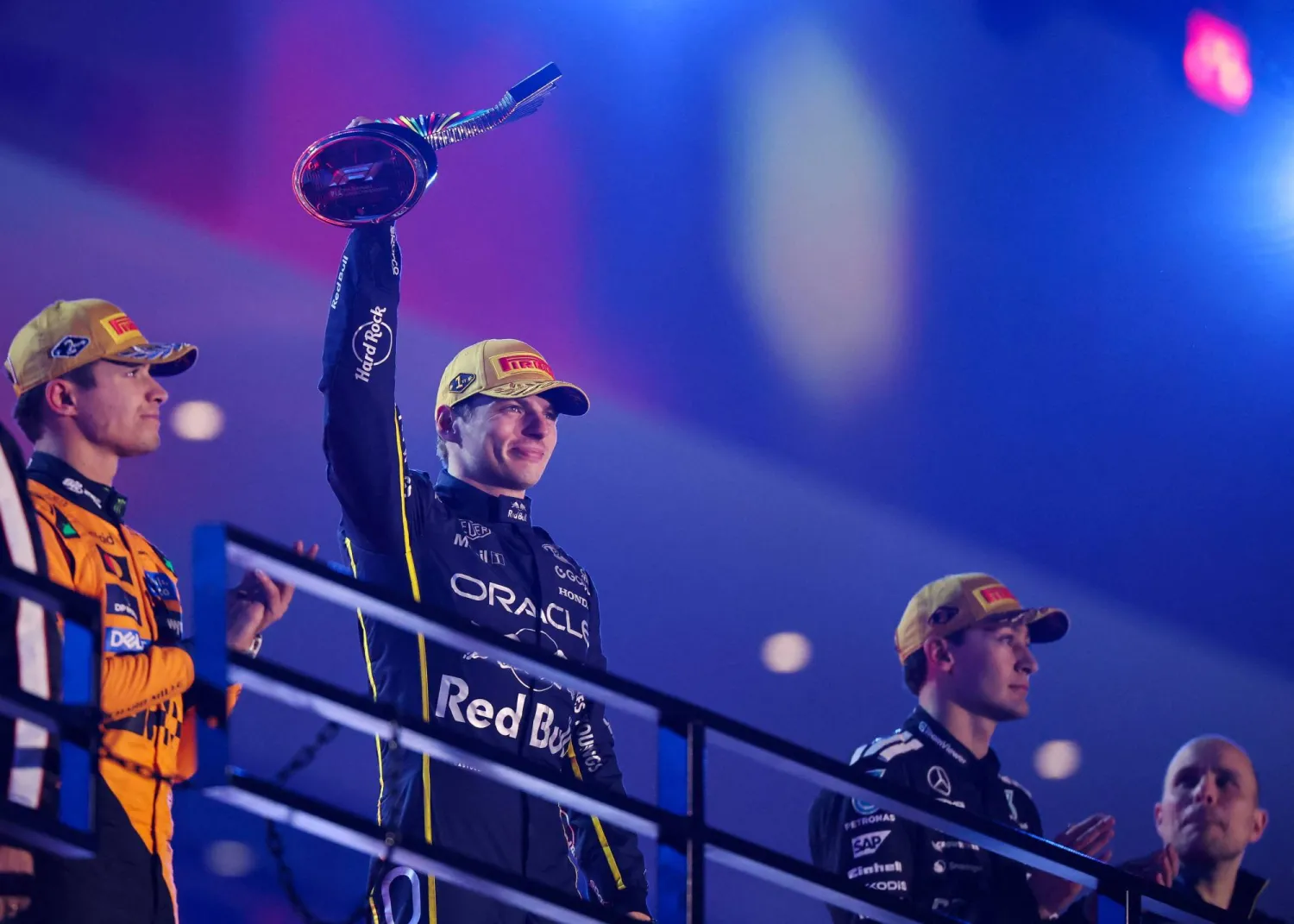  Race winner Max Verstappen of the Netherlands and Oracle Red Bull Racing lifts his trophy on the podium during the F1 Grand Prix of Las Vegas at Las Vegas Strip Circuit on November 22, 2025 in Las Vegas, Nevada. (Getty Images via AFP) 