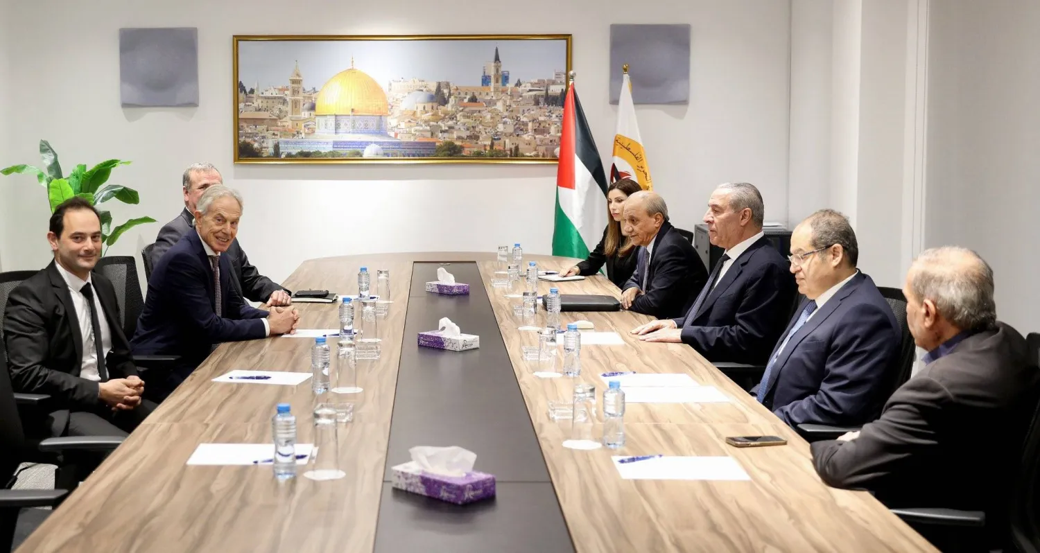 الشيخ وفريقه يلتقي بلير وفريقه في رام الله (موقع الشيخ على إكس)