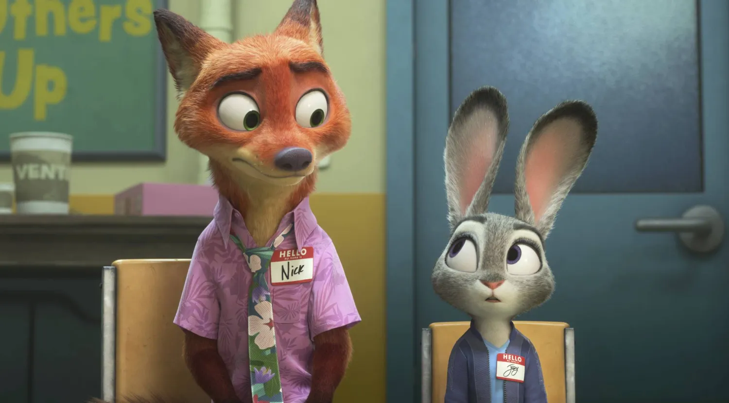 This image released by Disney shows Nick Wilde, voiced by Jason Bateman, left, and Judy Hopps, voiced by Ginnifer Goodwin, in a scene from "Zootopia 2." (Disney via AP)