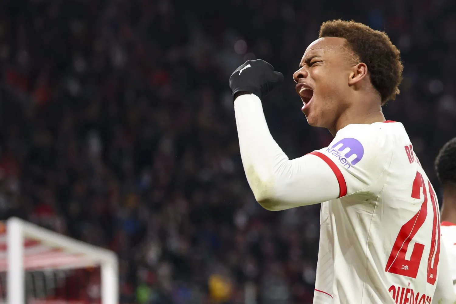 23 November 2025, Saxony, Leipzig: Leipzig's Assan Ouedraogo celebrates scoring his side's first goal during the German Bundesliga soccer match between RB Leipzig and Werder Bremen at Red Bull Arena. (dpa) 