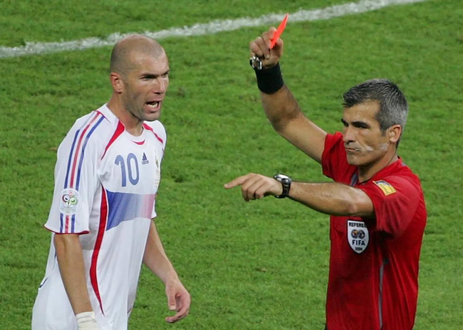 Referee Horacio Elizondo shows the red card to France's Zineidine Zidane during the final of the soccer World Cup between Italy and France in the Olympic Stadium in Berlin, on July 9, 2006. (AP)
