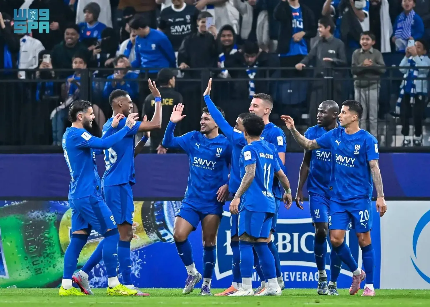 Al-Hilal players celebrate a goal scored during Tuesday's match. (SPA)