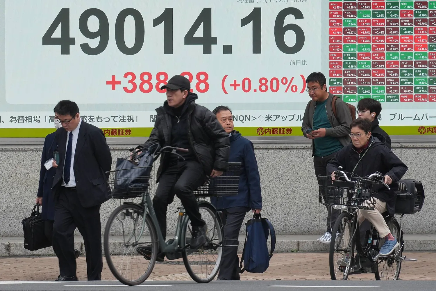 مشاة يمرون أمام شاشة تعرض حركة الأسهم وسط العاصمة اليابانية طوكيو (أ.ب)