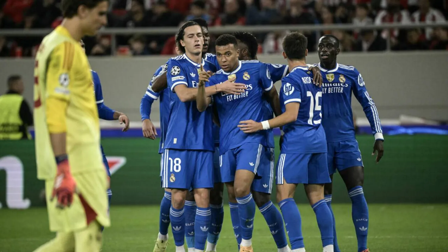 Real Madrid let in three goals against Olympiacos but Kylian Mbappe scored four to claim victory in Athens in midweek. Angelos Tzortzinis / AFP
