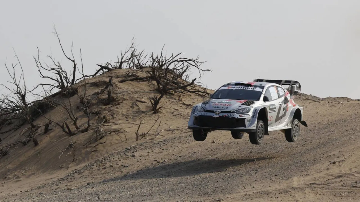 French driver Sebastien Ogier and his co-driver Vincent Landais compete in their Toyota GR Yaris during stage 5 of the FIA World Rally Championship (WRC) in Jeddah. Fayez Nureldine / AFP
