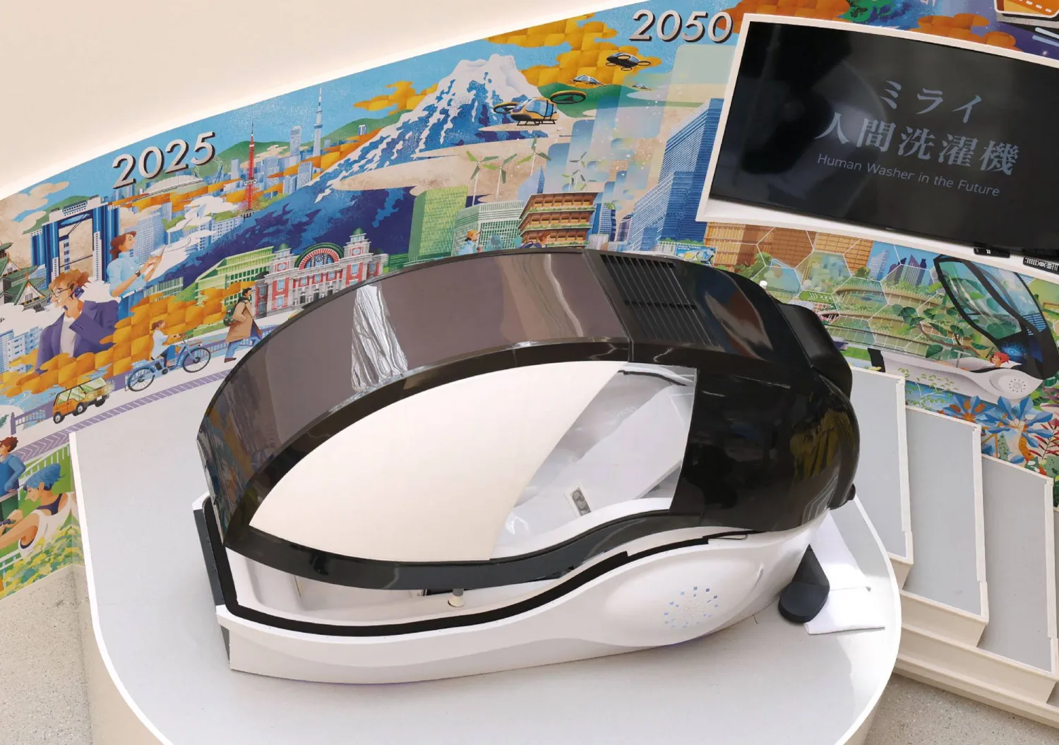 This photo taken on April 9, 2025 shows the Mirai Human Washing Machine, which attracted attention at the Osaka Expo. (Photo by JIJI Press / AFP) / Japan OUT