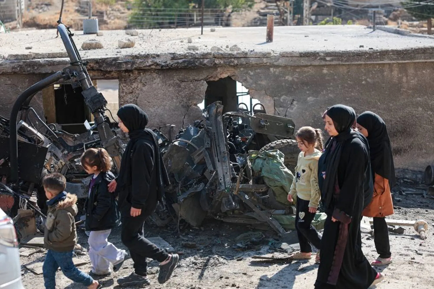A destroyed Israeli military vehicle in the town of Beit Jin in rural Damascus near Mount Hermon, Syria, 28 November 2025. (EPA)