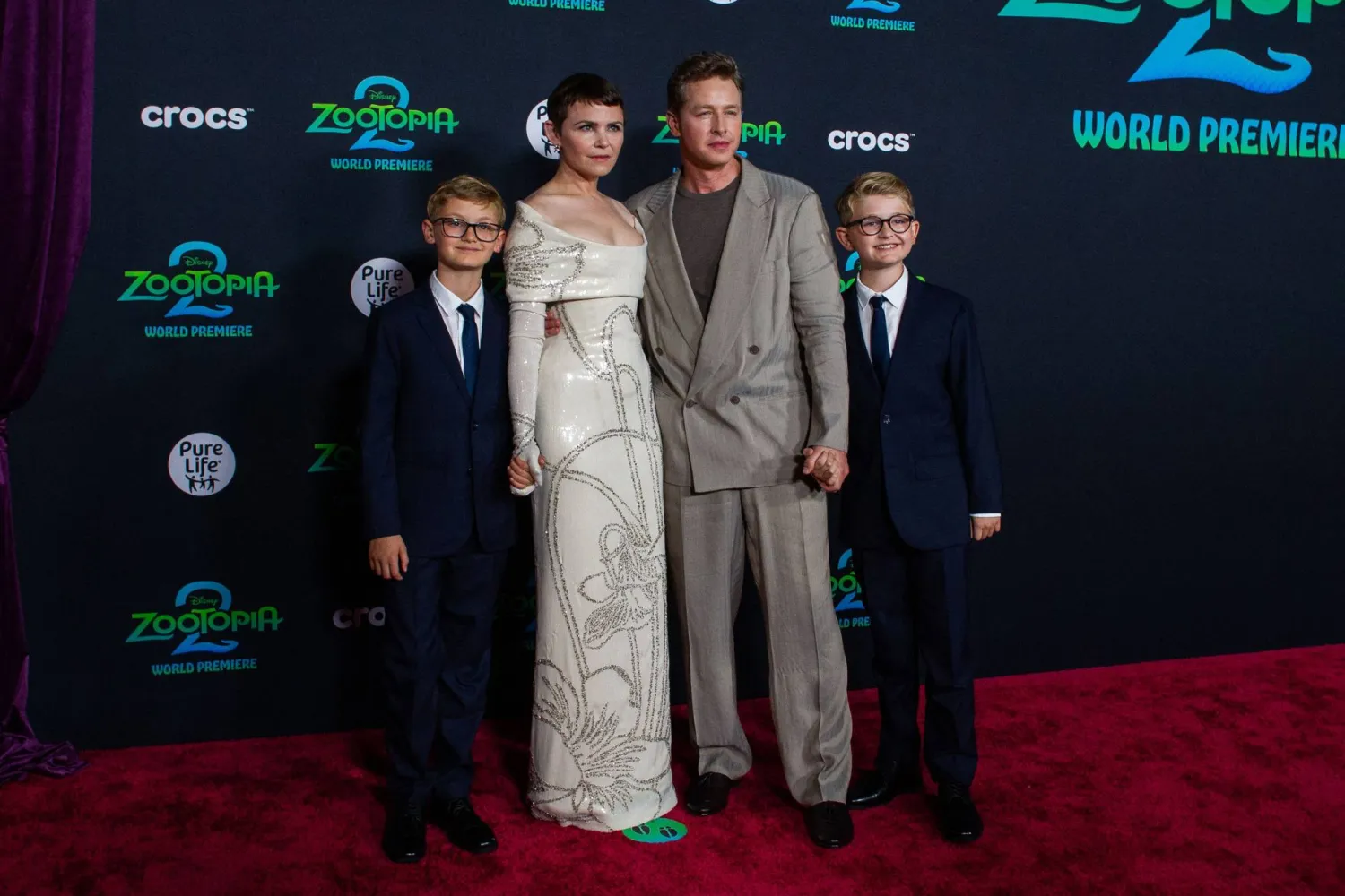 US actress Ginnifer Goodwin (2L), husband Josh Dallas (2R) and children Oliver Finlay Dallas and Hugo Wilson Dallas attend the world premiere of Walt Disney Animation Studios' "Zootopia 2" in Los Angeles, California, on November 13, 2025. (Photo by Apu GOMES / AFP)