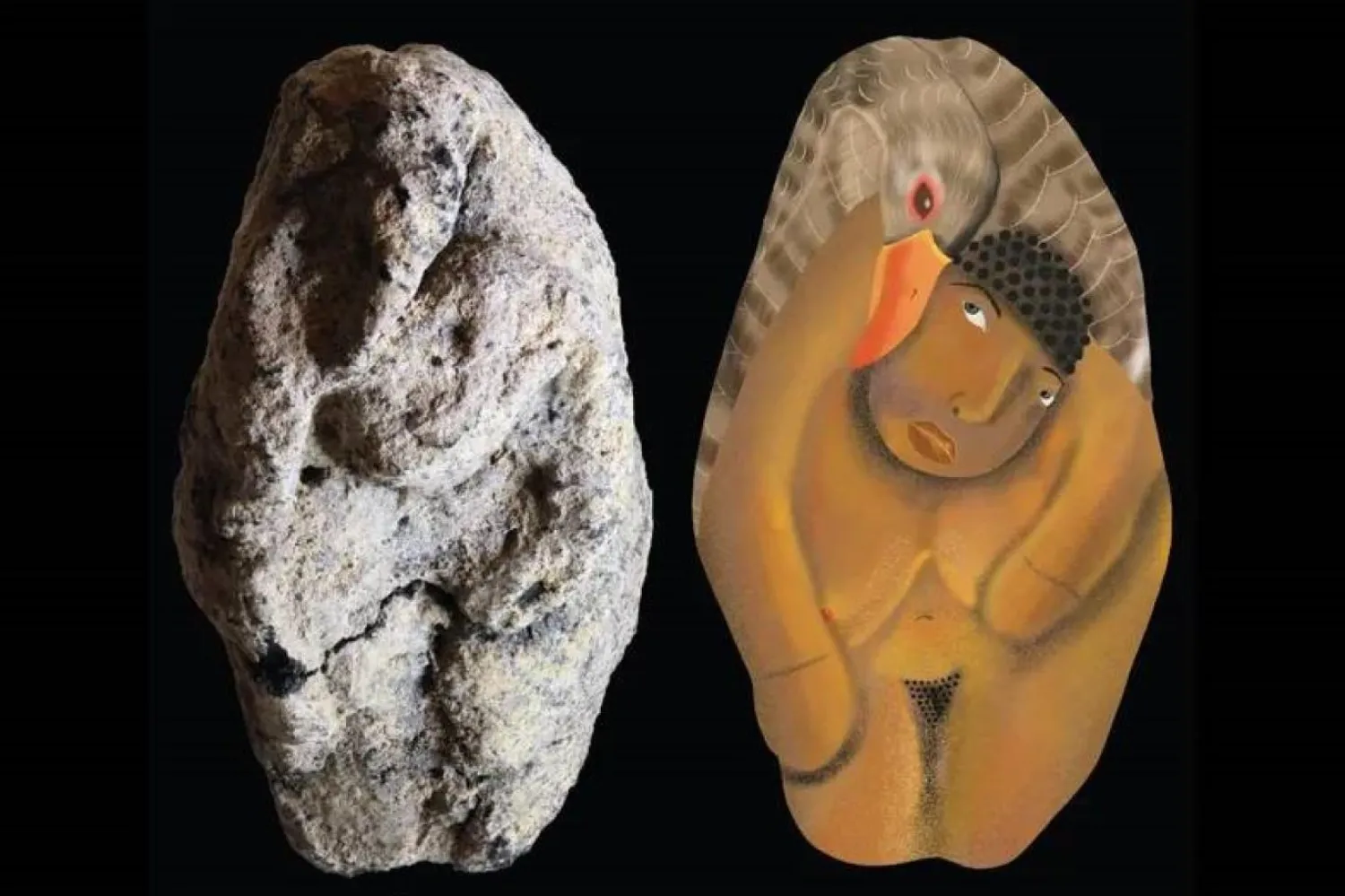 12 bin yıllık heykelciğin (solda) bir kadın ve kazı tasvir ettiği düşünülüyor (Laurent Davin)