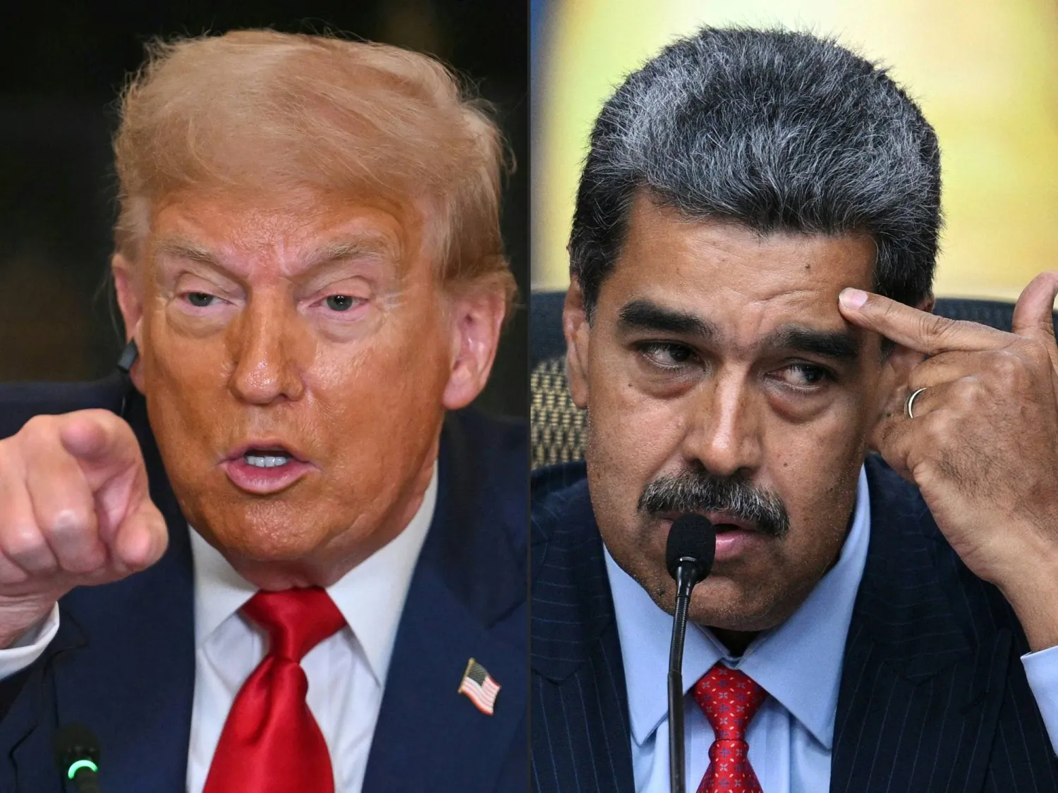(COMBO) This combination of pictures created on August 7, 2025 shows US President Donald Trump (L) in Washington, DC, on July 9, 2025, and Venezuelan President Nicolas Maduro (R) in Caracas on July 31, 2024. (Photo by Jim WATSON and Federico PARRA / AFP)