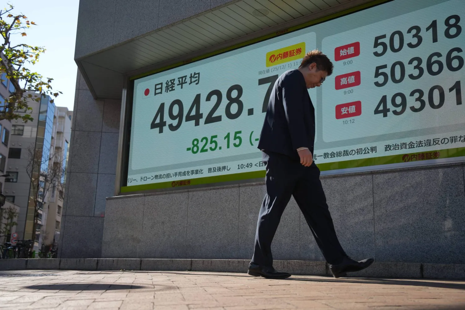 رجل يمر أمام لوحة تعرض حركة الأسهم في وسط طوكيو (أ.ب)