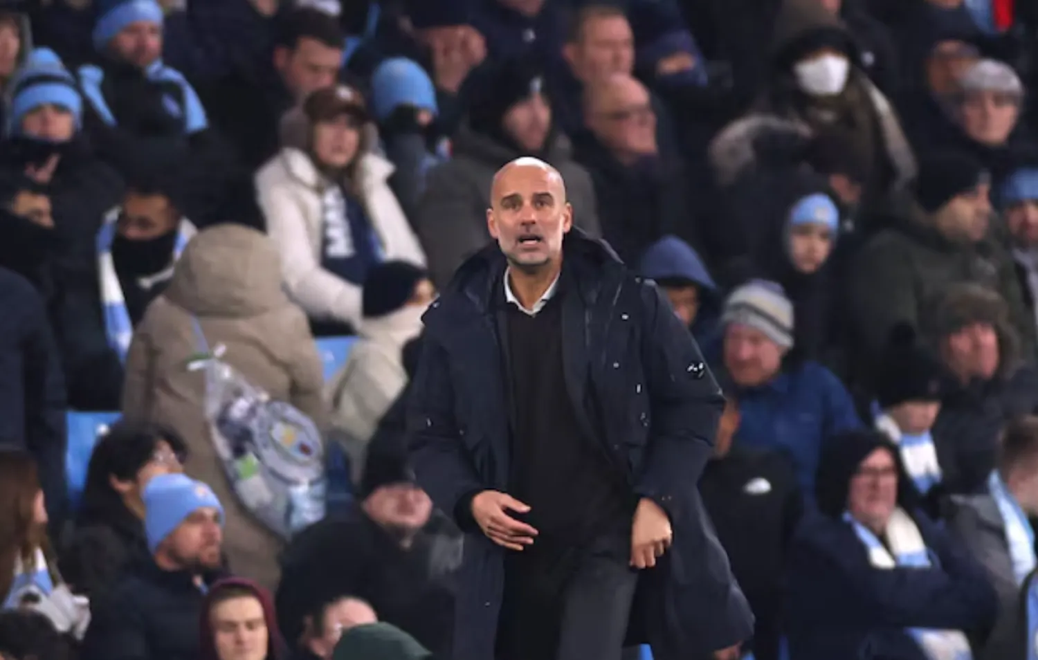 Soccer Football - UEFA Champions League - Manchester City v Bayer Leverkusen - Etihad Stadium, Manchester, Britain - November 25, 2025 Manchester City manager Pep Guardiola reacts Action Images via Reuters/Lee Smith 