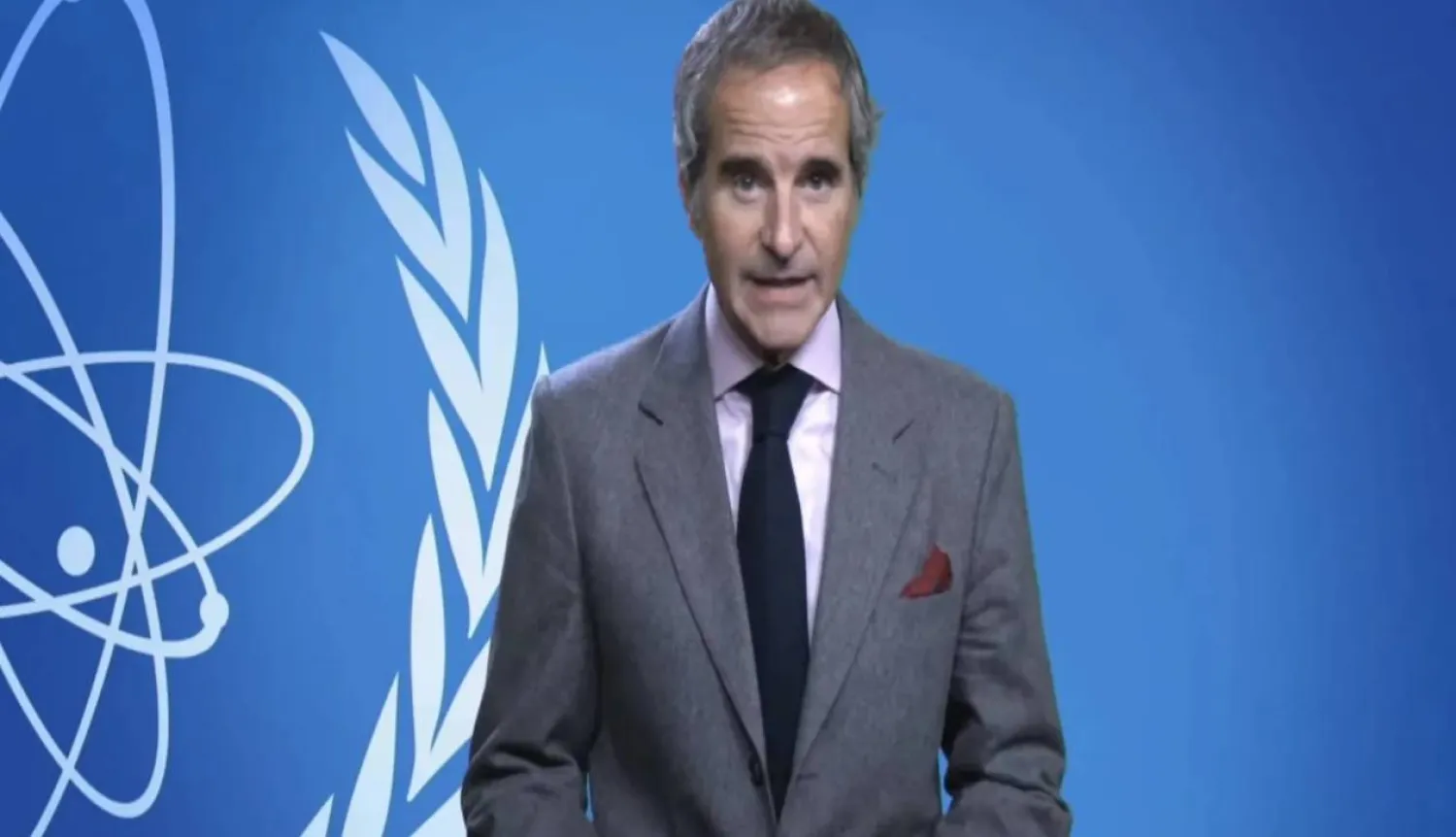 IAEA Director General Rafael Grossi in a video message opening the International Conference on Nuclear and Radiological Emergencies that kicked off in Riyadh on Tuesday. Asharq Al-Awsat