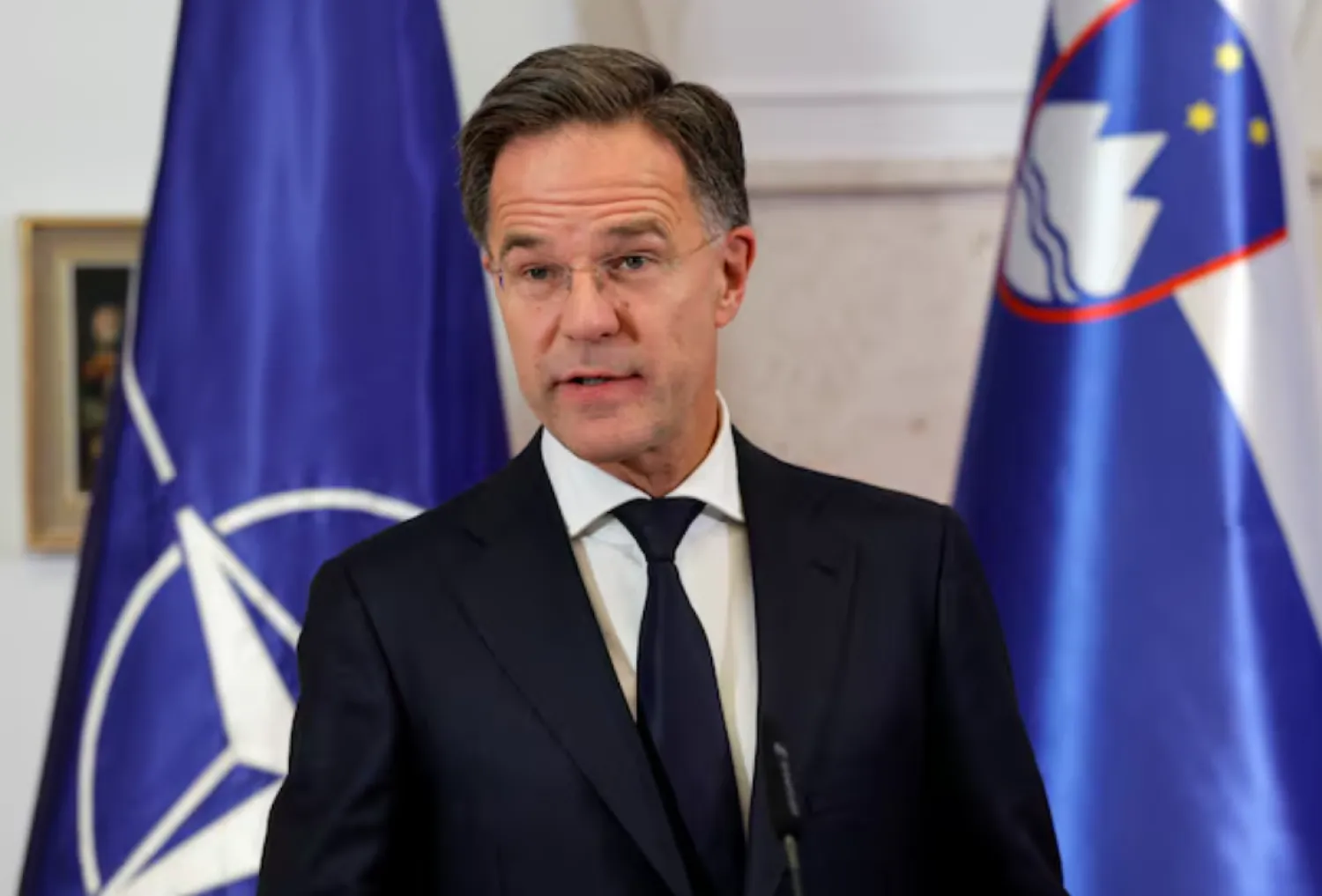 NATO Secretary General Mark Rutte talks at the press conference during his visit in Slovenia, in Brdo pri Kranju, Slovenia, October 13, 2025. REUTERS/Borut Zivulovic 