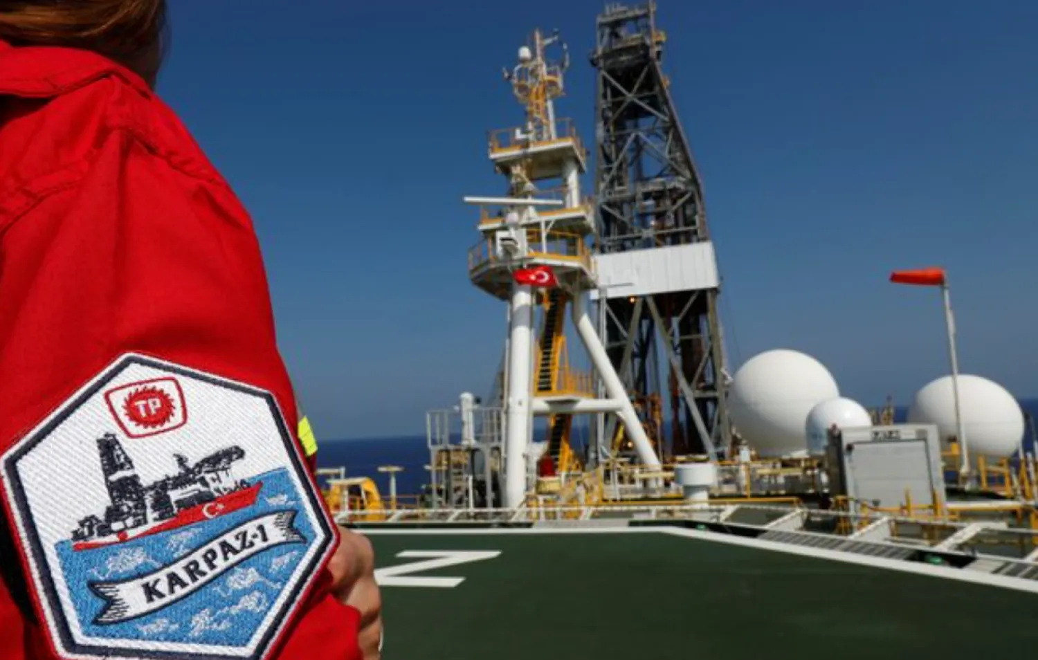 A Turkish Petroleum (TPAO) engineer poses on the helipad of Turkish drilling vessel Yavuz in the eastern Mediterranean Sea off Cyprus, August 6, 2019. Picture taken August 6, 2019. REUTERS/Murad Sezer