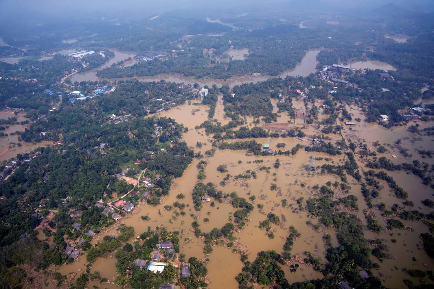 An aerial view of submerged buildings in a flooded area caused by heavy rainfall following Cyclone Ditwah in Niyamgamdora, Sri Lanka, December 2, 2025. (Reuters)
