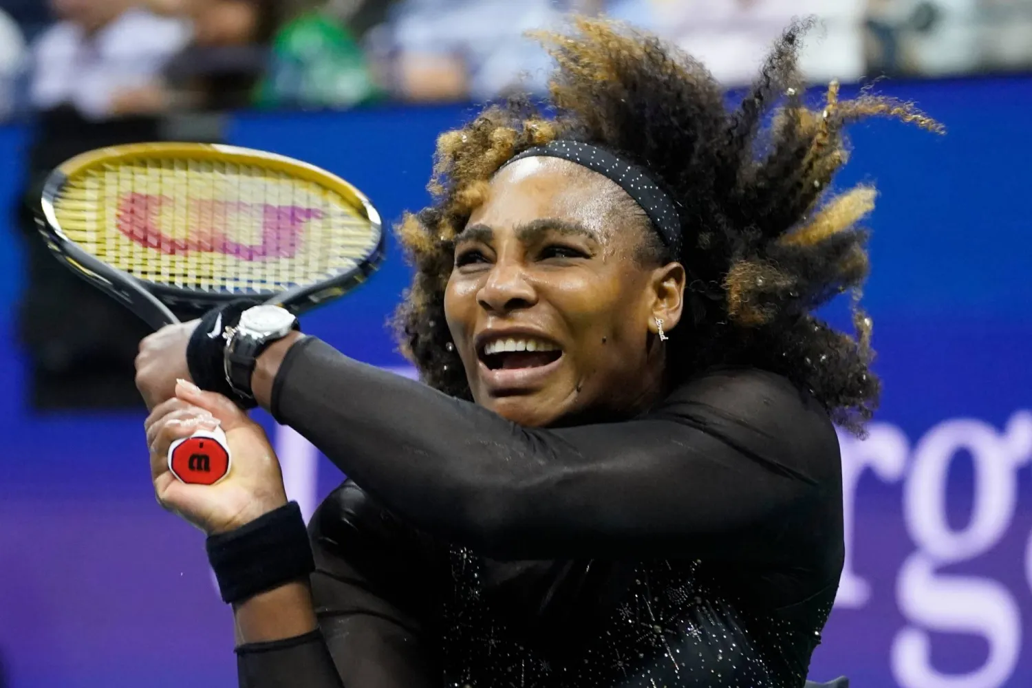 FILE - Serena Williams, of the United States, returns a shot to Ajla Tomljanovic, of Australia, during the third round of the US Open tennis championships, Friday, Sept. 2, 2022, in New York. (AP Photo/John Minchillo, File))