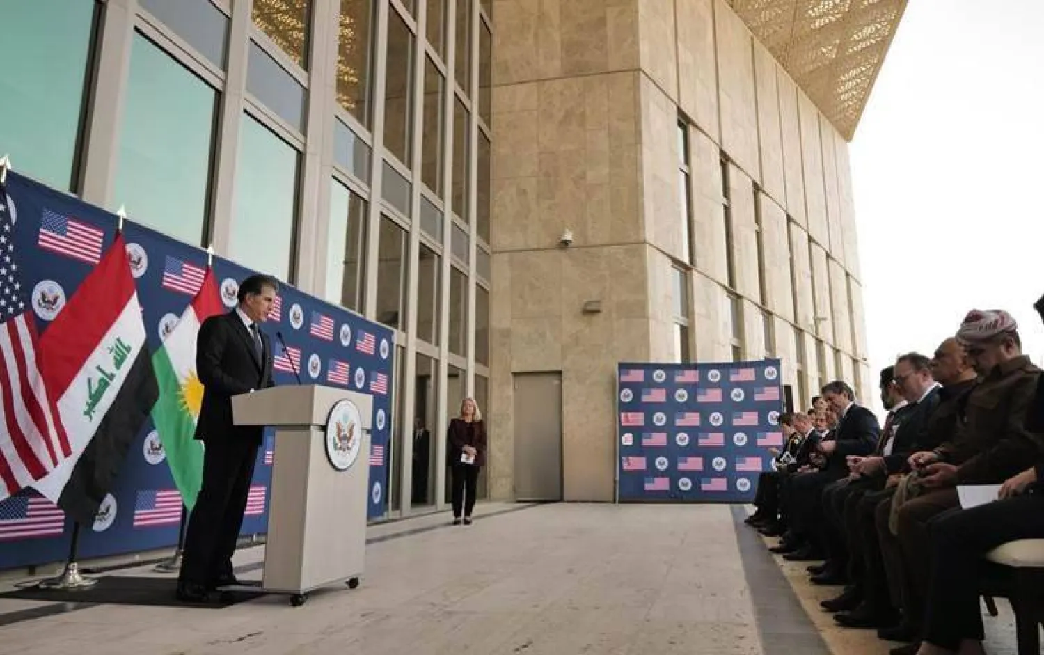 رئيس إقليم كردستان نيجيرفان بارزاني خلال مراسم افتتاح القنصلية الأميركية في أربيل بإقليم كردستان العراق (شبكة روداو)