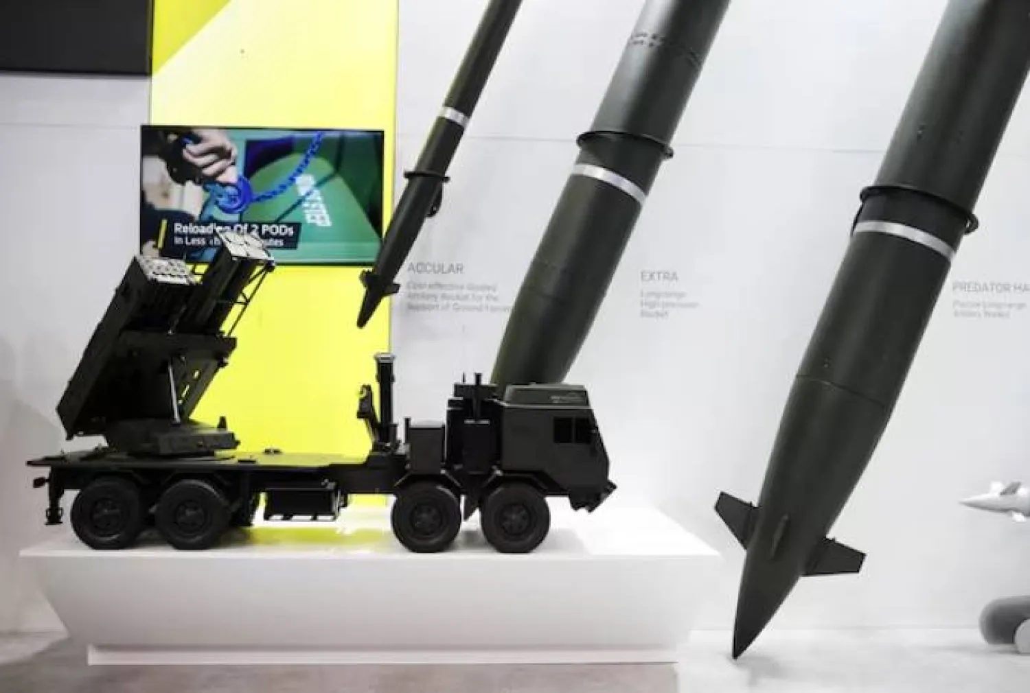 A PULS multiple rocket launcher miniature and artillery rockets by Israeli Elbit Systems is exhibited at the DEFEA Defense Exhibition, in Athens, Greece, May 8, 2025. REUTERS/Louiza Vradi Purchase Licensing Rights