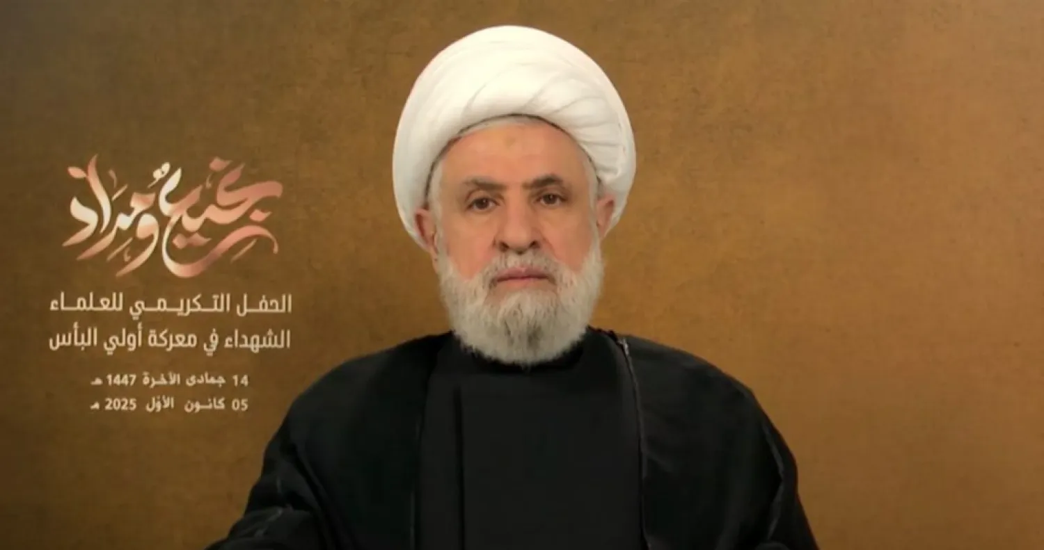 أمين عام «حزب الله» نعيم قاسم متحدثاً في احتفال «تعظيماً للعلماء الشهداء على طريق القدس وأولي البأس» (الوكالة الوطنية للإعلام)