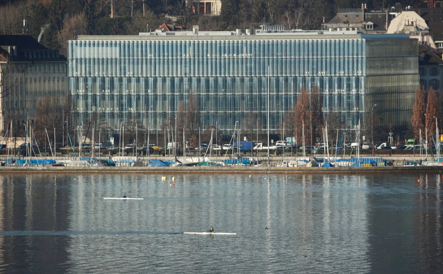 FILE PHOTO: Reinsurer Swiss Re's headquarters are seen on the banks of Lake Zurich in Zurich, Switzerland February 21, 2019.  REUTERS/Arnd WIegmann/File Photo