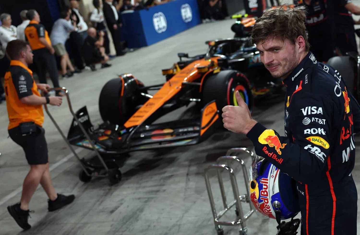 Formula One F1 - Abu Dhabi Grand Prix - Yas Marina Circuit, Abu Dhabi, United Arab Emirates - December 6, 2025 Red Bull's Max Verstappen celebrates after qualifying in pole position REUTERS/Jakub Porzycki