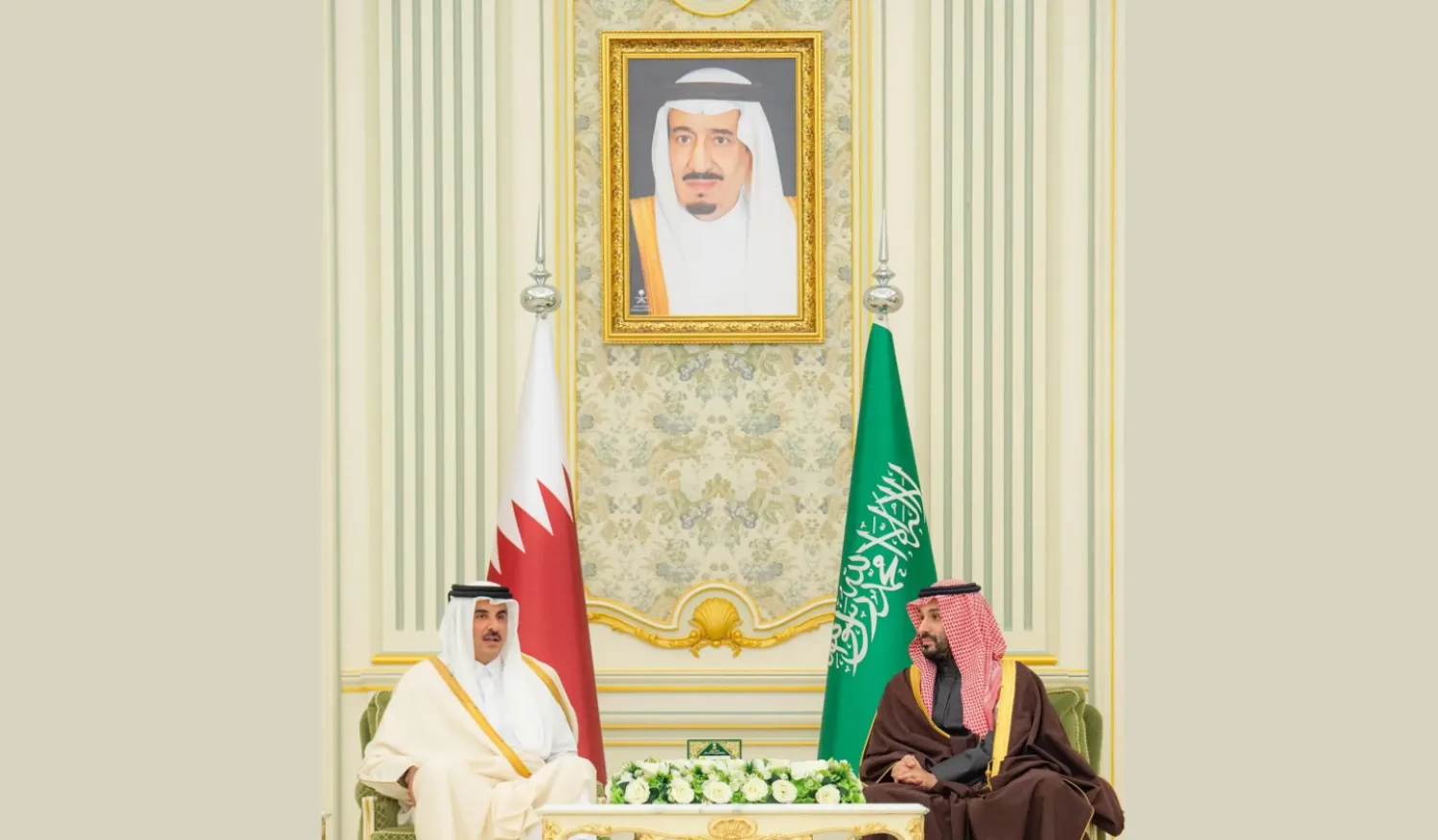 Saudi Crown Prince Mohammed bin Salman bin Abdulaziz Al Saud, holding talks with Emir of Qatar Sheikh Tamim bin Hamad Al Thani at Al-Yamamah Palace in Riyadh - SPA