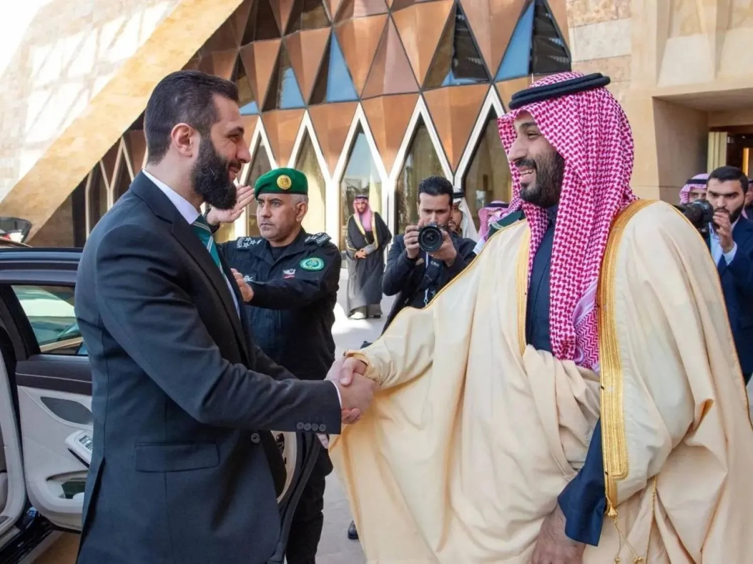 Prince Mohammed bin Salman bin Abdulaziz Al Saud, Saudi Crown Prince and Prime Minister, and Syrian President Ahmed al-Sharaa meet in Riyadh in February. (SPA)