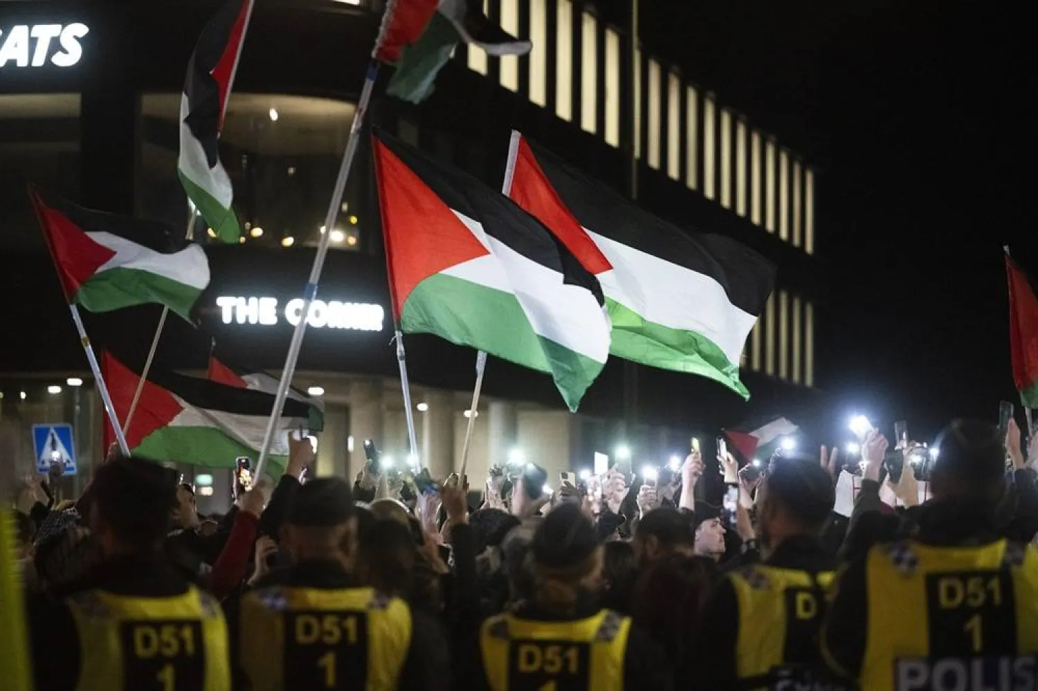  12 May 2024, Sweden, Malmo: Pro-Palestinian protesters hold flags during a demonstration opposing Israel's participation in the 68th edition of the Eurovision Song Contest ESC in Malmo. (dpa)