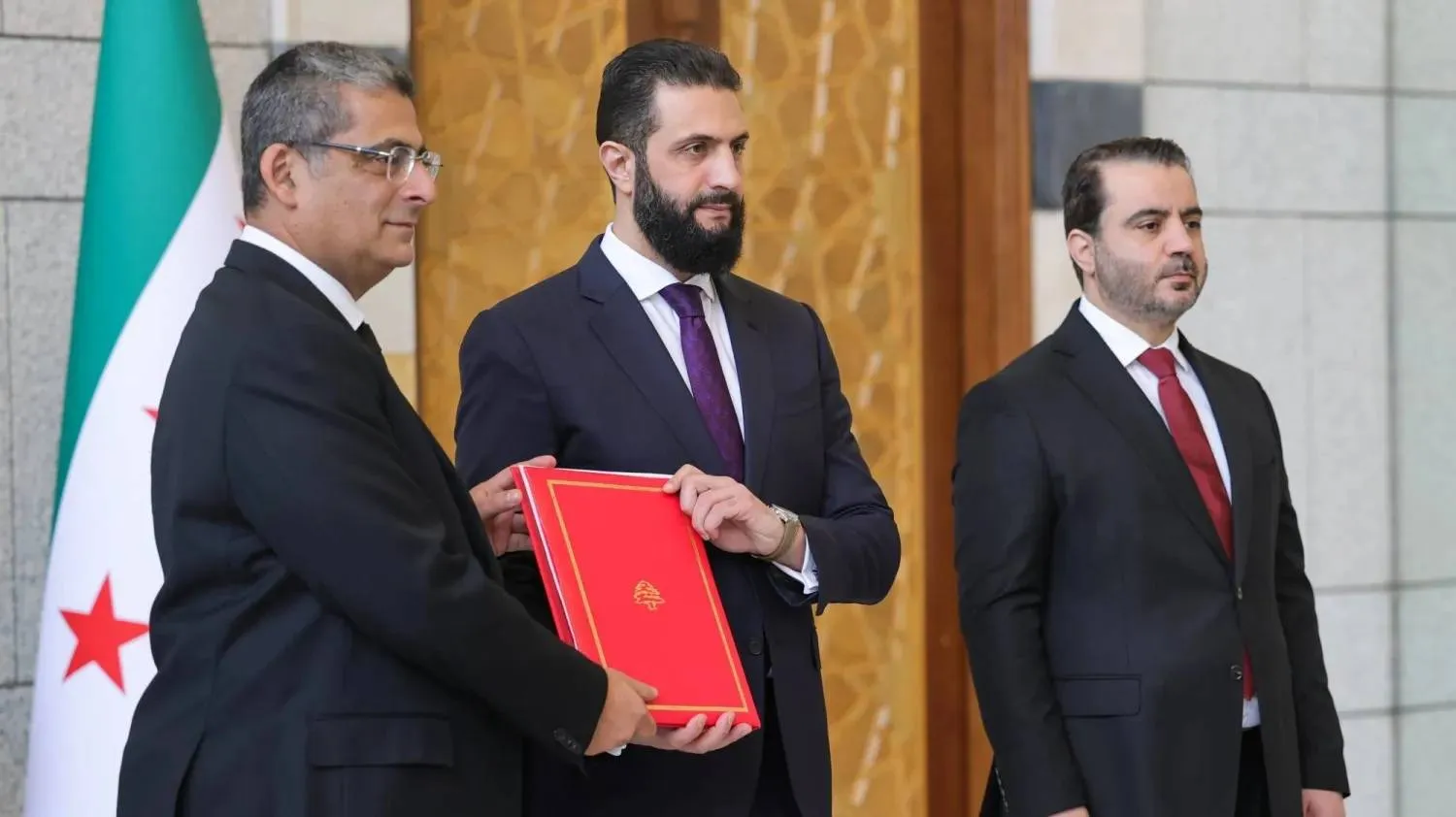 Syrian President Ahmed al-Sharaa receives the credentials of Lebanese ambassador Henry Kastoun in Damascus, attended by Foreign Minister Asaad al-Shaibani - (Syrian presidency)