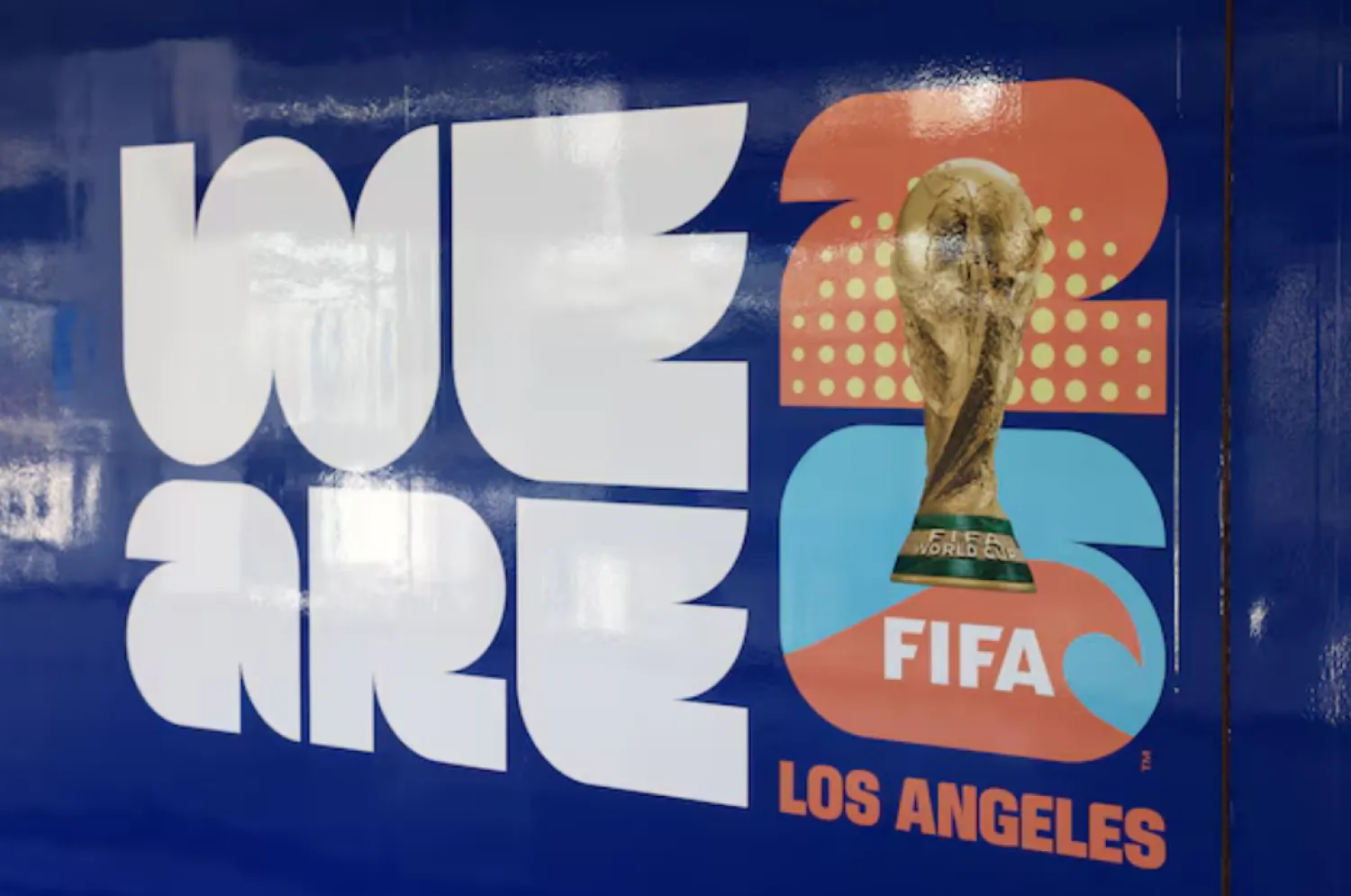 A sign promoting the World Cup in 2026 is shown at a newly opened metro stop at Los Angeles International Airport on December 5th, in Los Angeles, California, US August 22, 2025. REUTERS/David Swanson 