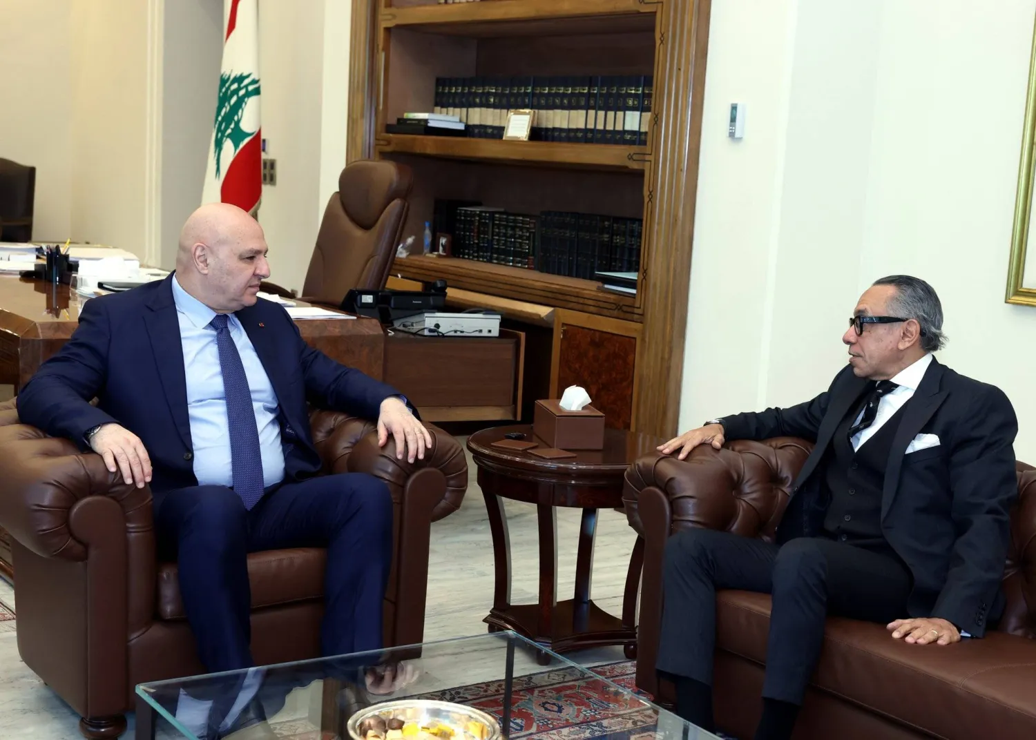 Lebanese President Joseph Aoun meets with Egyptian ’s Ambassador to Lebanon Alaa Moussa at the Baabda presidential palace on Friday. (Lebanese Presidency)