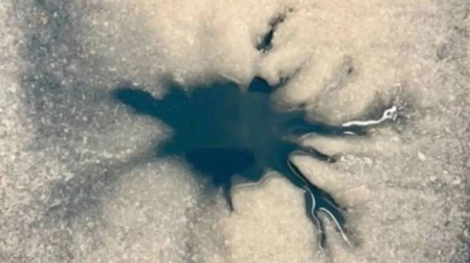 A dendritic “lab star” formed by liquid water flowing through Europa ice simulant at NASA JPL, modeling how features like Damhán Alla could form on Jupiter's icy moon, similar to how lake stars form on Earth. (Image credit: Prof. Lauren Mc Keown.)