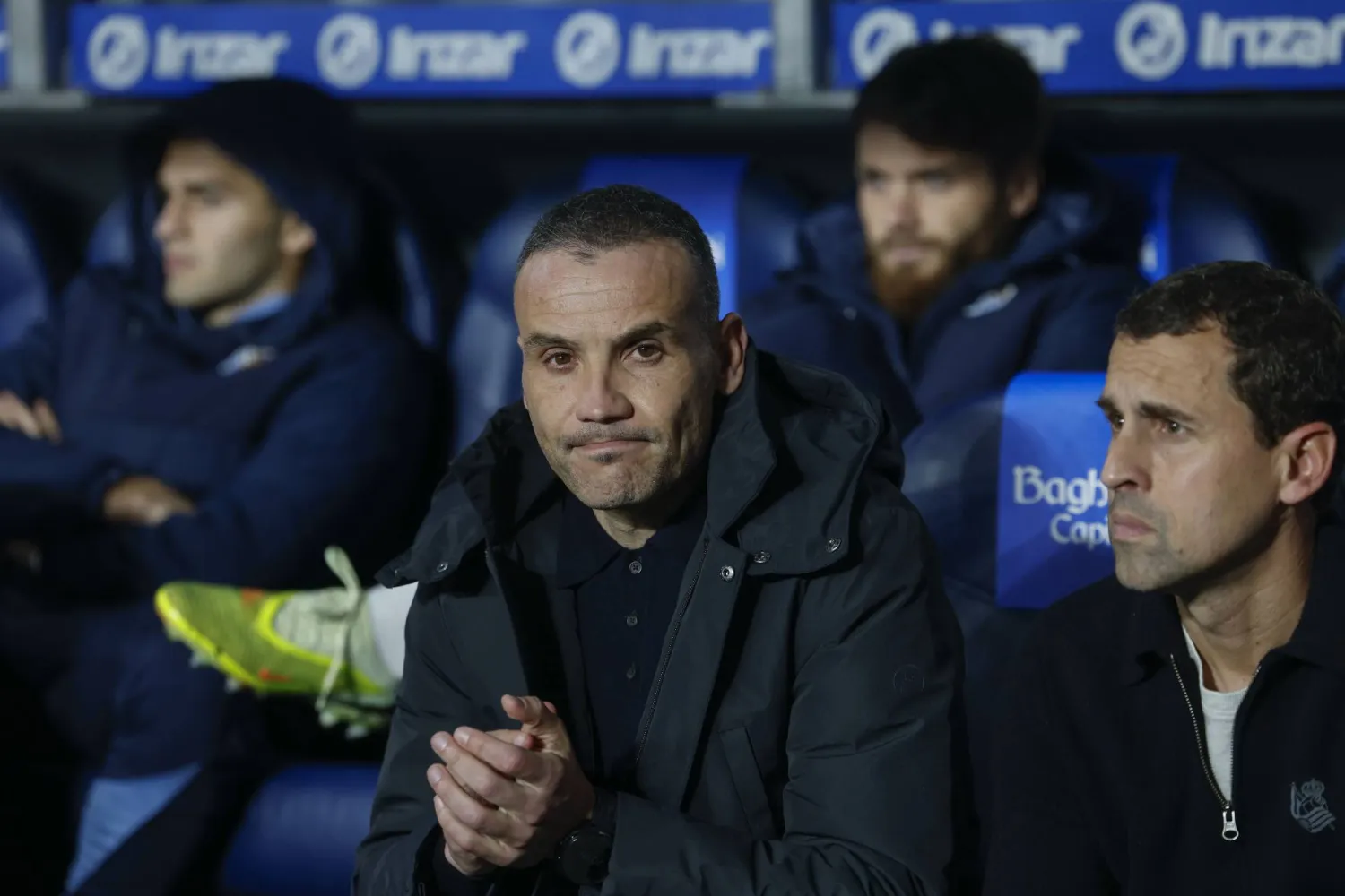 Real Sociedad's head coach Sergio Francisco sits on the bench before their Spanish LaLiga soccer match between Real Sociedad and Girona CF, played at the Reale Arena in Girona, Spain, 12 December 2025.  EPA/Javier Etxezarreta