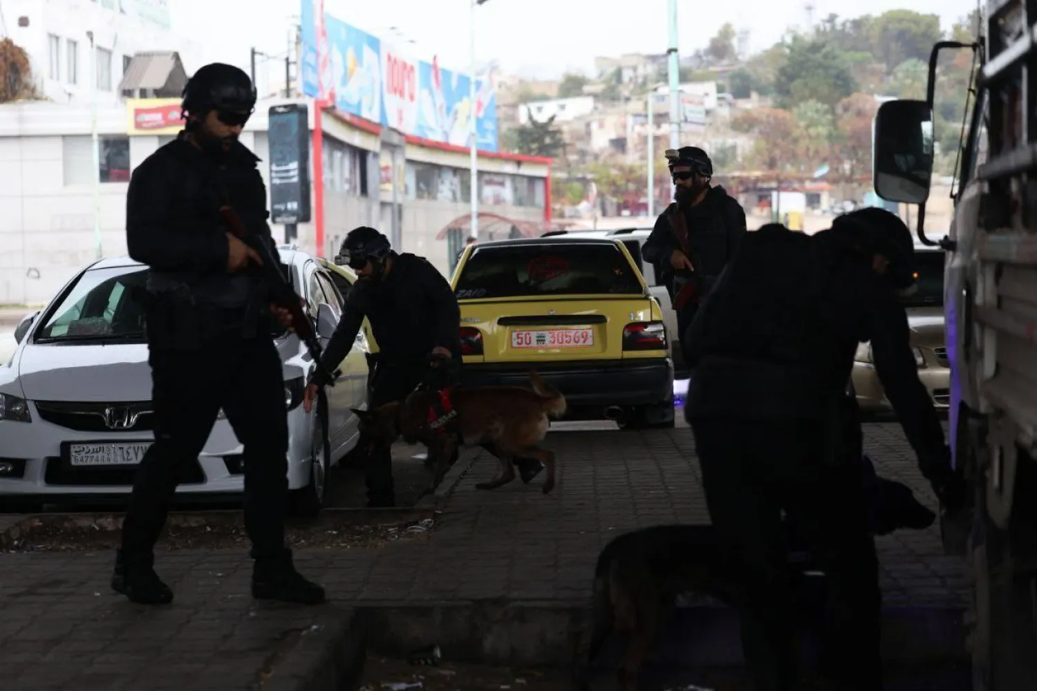 عناصر من وزارة الداخلية تستخدم الكلاب المدربة لفحص السيارات في إحدى النقاط الأمنية (الداخلية السورية) 