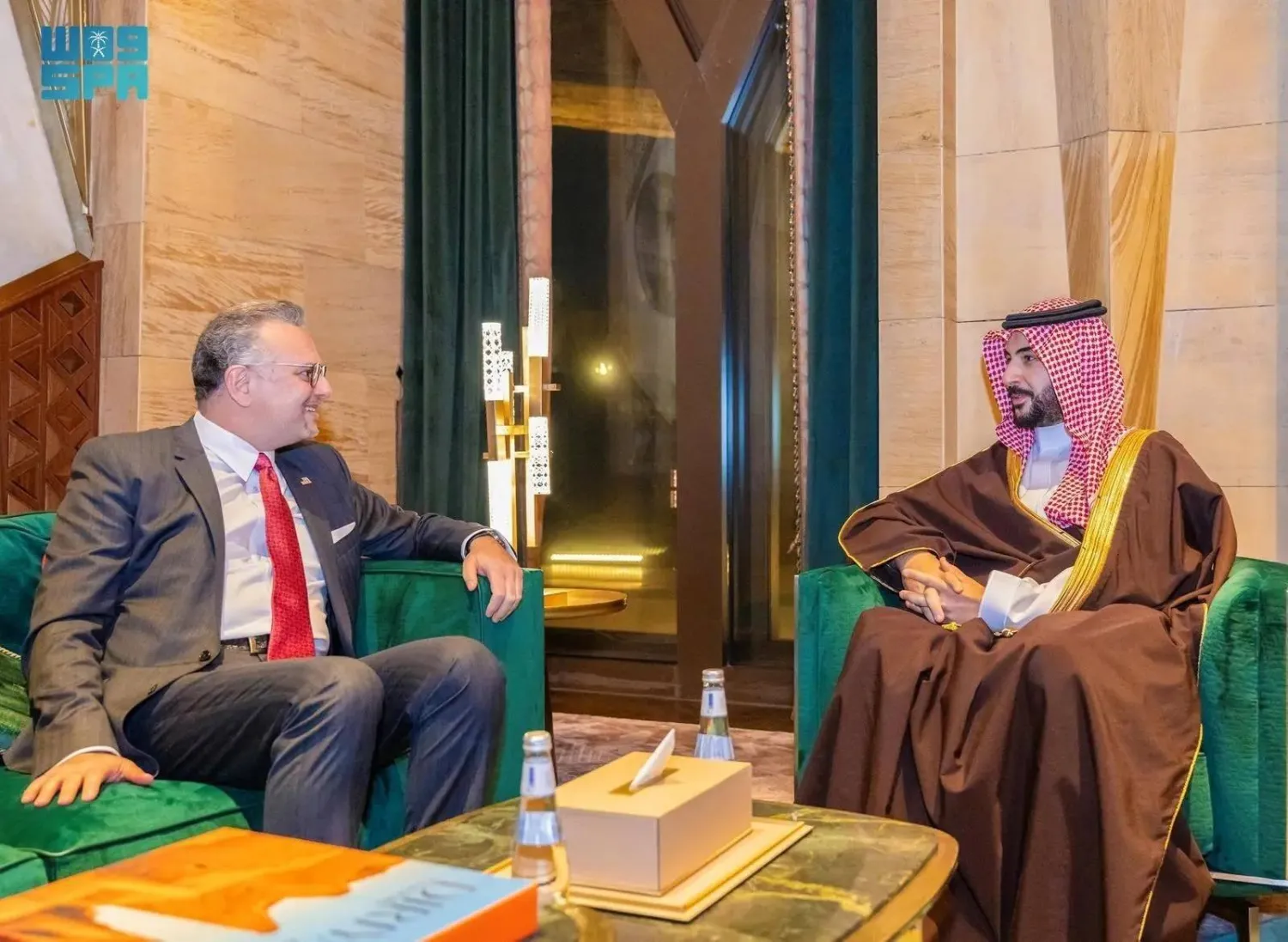 Saudi Minister of Defense Prince Khalid bin Salman bin Abdulaziz and US Senior Advisor for Arab and African Affairs Massad Boulos meet in Riyadh on Monday. (SPA)
