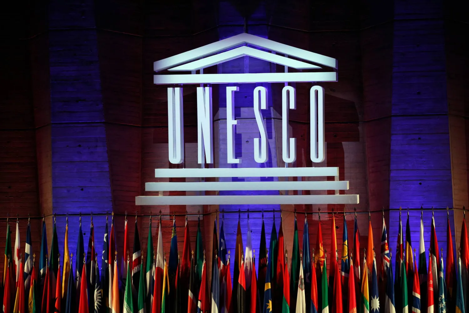 The UNESCO logo is seen during the 39th session of the General Conference at the UNESCO headquarters in Paris, Saturday, Nov. 4, 2017. (AP)