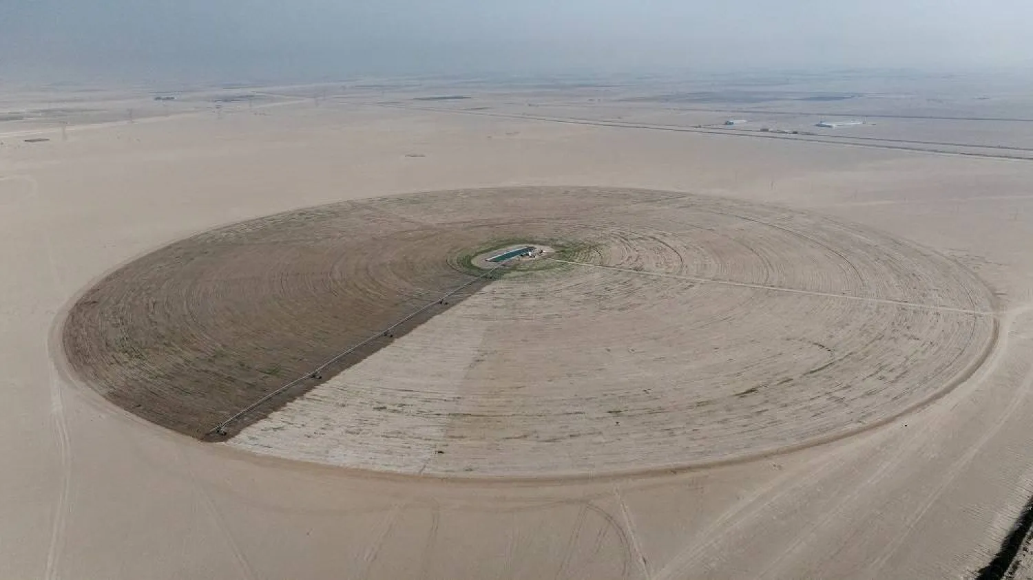 A drone view shows a circular wheat field in the desert of Basra, Iraq, November 27, 2025. (Reuters)